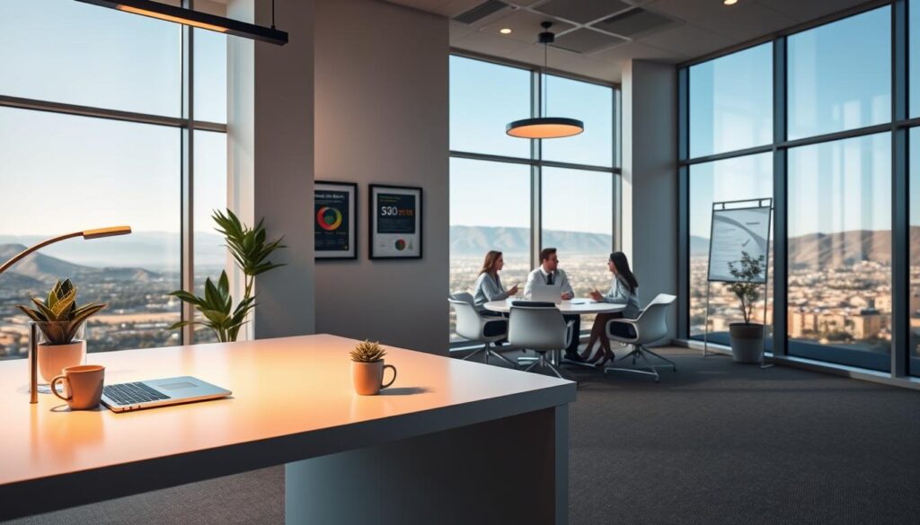 A modern, minimalist office interior with large windows overlooking the Santa Clarita valley. In the foreground, a sleek, minimalist desk with a laptop, coffee mug, and a small potted plant. Behind it, a team of professionals collaborating around a circular conference table, discussing digital marketing strategies. The walls are adorned with framed SEO performance metrics and success stories. Warm, diffused lighting from overhead fixtures creates a focused, productive atmosphere. The overall scene conveys a sense of a thriving, results-driven SEO agency that delivers exceptional value to its clients in Santa Clarita.
