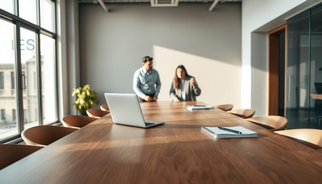 A modern, minimalist office setting with a large, wooden conference table in the foreground. On the table, a laptop, a pen, and a notepad are neatly arranged, hinting at an ongoing consultation session. The middle ground features two people, a consultant and a client, engaged in a discussion, their expressions focused and attentive. Soft, natural lighting filters in through large windows, casting a warm, productive atmosphere. The background showcases a sleek, contemporary design with subtle branding elements, suggesting a professional, technology-driven workspace. The overall scene conveys a sense of collaboration, expertise, and the start of a productive SEO consultation.
