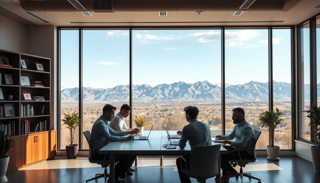 A modern office interior with a large window overlooking the picturesque landscape of Arvada, Colorado. In the foreground, a team of professional SEO experts are collaborating at a sleek, minimalist desk, their laptops and notes spread out before them. Soft, directional lighting from the window casts a warm glow on the scene, highlighting the concentration and dedication of the team. The middle ground features shelves filled with industry-relevant books and awards, reflecting the agency's expertise and reputation. In the background, the Rocky Mountains rise majestically, creating a serene and inspiring backdrop for the hard work taking place. The overall atmosphere conveys a sense of productivity, innovation, and a commitment to delivering exceptional SEO services to clients in Arvada.