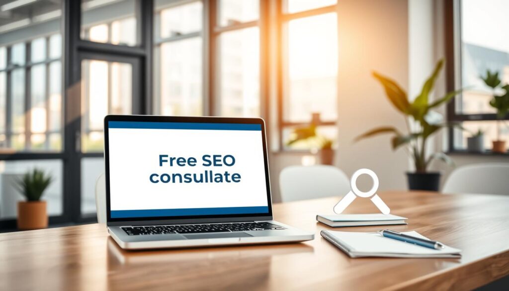 A modern office setting, bathed in warm, natural lighting that filters through large windows. On a sleek, wooden desk, a laptop displays a friendly, welcoming web page, showcasing the offer of "Free SEO Consultation". Next to the laptop, a stylized magnifying glass icon and a notepad with a pen signify the consultative nature of the service. In the background, potted plants and minimalist decor create a professional yet approachable atmosphere, conveying the expertise and care that will be provided during the free consultation.