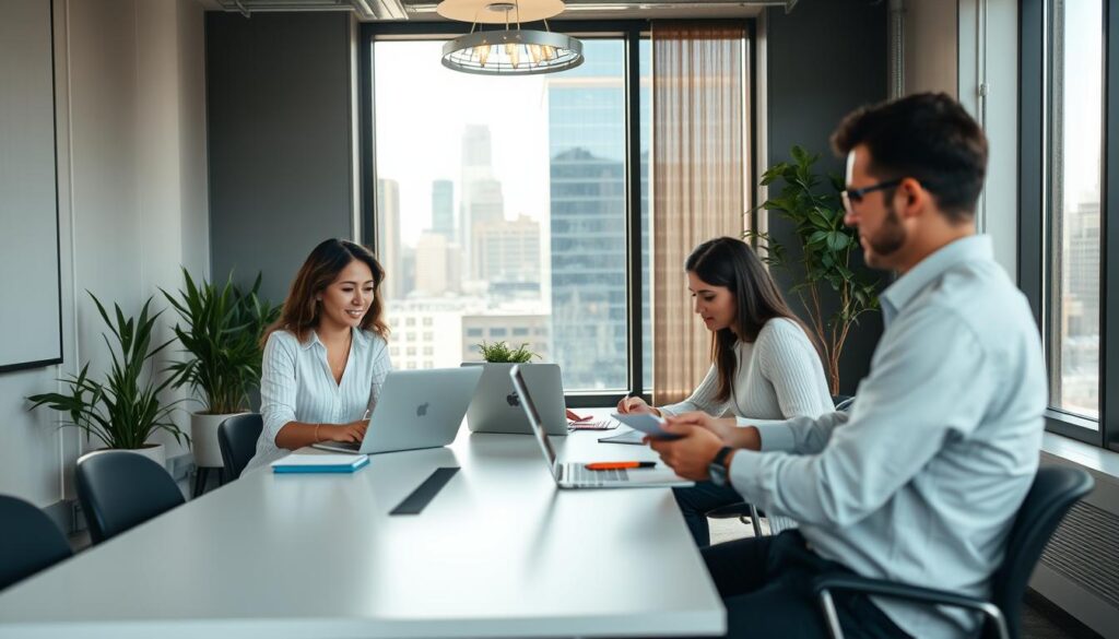 A modern, professional office space in downtown Ann Arbor, with a large window overlooking the city skyline. In the foreground, a team of three people - a project manager, a content strategist, and a web developer - collaborating around a sleek conference table, laptops and notepads in hand. Mid-ground, the room is filled with natural light, accented by minimalist decor and potted plants. In the background, the cityscape beyond the window conveys a sense of energy and opportunity. The overall tone is one of efficiency, creativity, and a commitment to delivering exceptional SEO services.