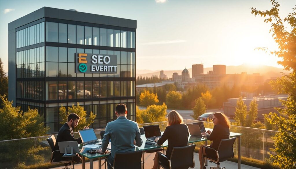A modern, sleek office building set against a backdrop of the Everett skyline, bathed in warm afternoon sunlight. In the foreground, a group of professionals in business attire engaged in a collaborative meeting, laptops and documents spread out on a glass conference table. The middle ground features the company's branding prominently displayed on the building's façade, showcasing its identity as a reputable SEO agency. The background is filled with lush greenery and the iconic silhouettes of the Cascade Mountains, creating a picturesque Pacific Northwest setting. The overall mood is one of professionalism, innovation, and a commitment to delivering exceptional SEO services to the Everett community.