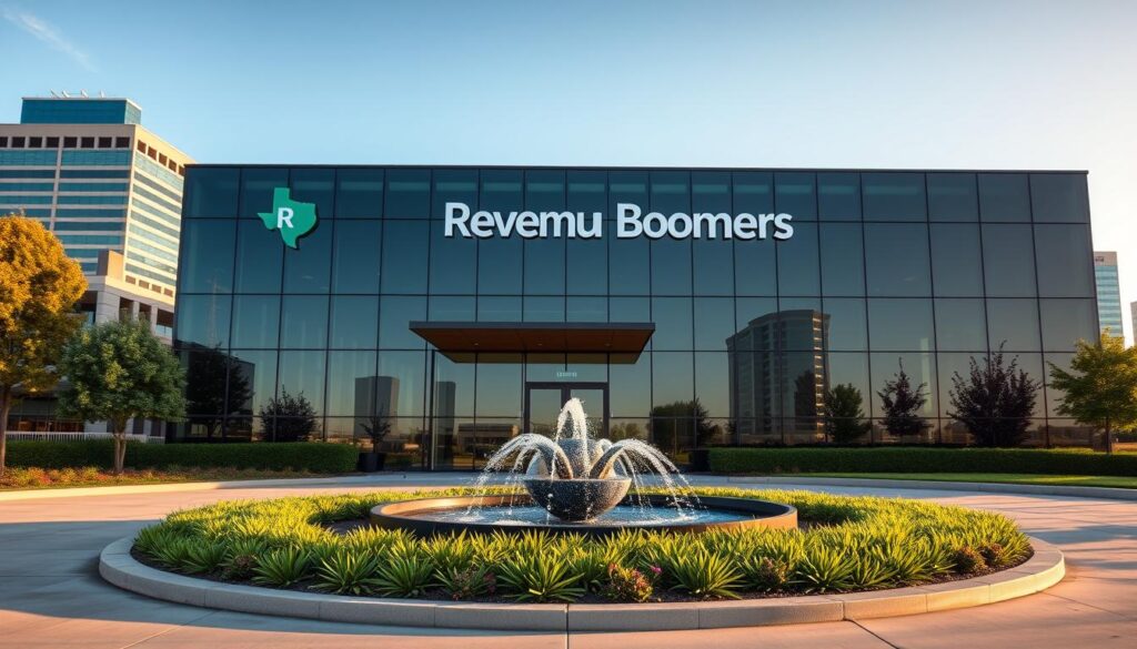 A modern, sleek office building set against a backdrop of the Odessa, TX skyline. The exterior is adorned with the bold "Revenue Boomers" logo, showcasing the company's presence and expertise in the local SEO market. The building's glass facade reflects the warm glow of the Texan sun, creating a welcoming and professional atmosphere. In the foreground, a well-manicured landscape with lush greenery and a stylish water feature, conveying the company's attention to detail and commitment to excellence. The scene is captured through a wide-angle lens, emphasizing the scale and prominence of the SEO company within the Odessa community.