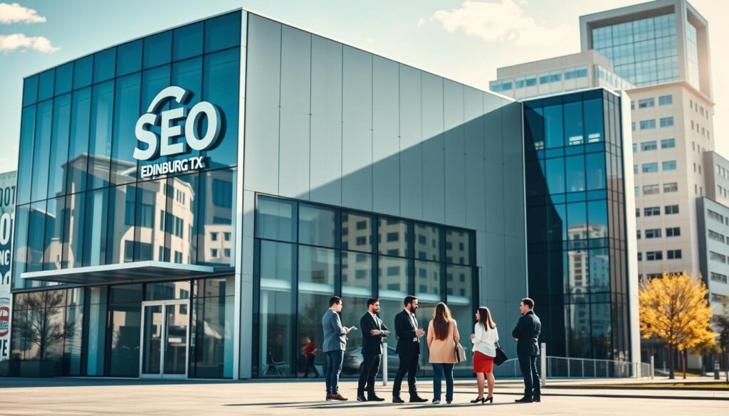 A modern, sleek office building situated in the heart of Edinburg, TX, with a prominent SEO agency logo displayed on the facade. The structure features floor-to-ceiling windows, clean lines, and a minimalist design aesthetic. In the foreground, a group of professionals in business attire are engaged in discussion, reflecting the agency's expertise and collaborative approach. The background showcases the vibrant, sun-drenched cityscape of Edinburg, creating a sense of the agency's integration within the local community. Soft, directional lighting illuminates the scene, emphasizing the professionalism and innovation of the SEO agency.
