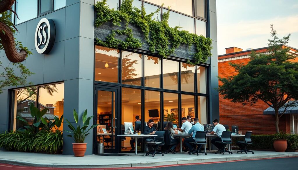 A modern, sleek office building situated in the heart of Savannah's historic district, its facade adorned with lush greenery and a stylish logo. Inside, a team of dedicated SEO experts huddle around their desks, analyzing data and strategizing ways to elevate the online presence of local Savannah businesses. Warm, natural lighting filters through large windows, casting a soft glow over the workspace. The scene conveys a sense of professionalism, expertise, and a deep understanding of the unique needs of the Savannah market.