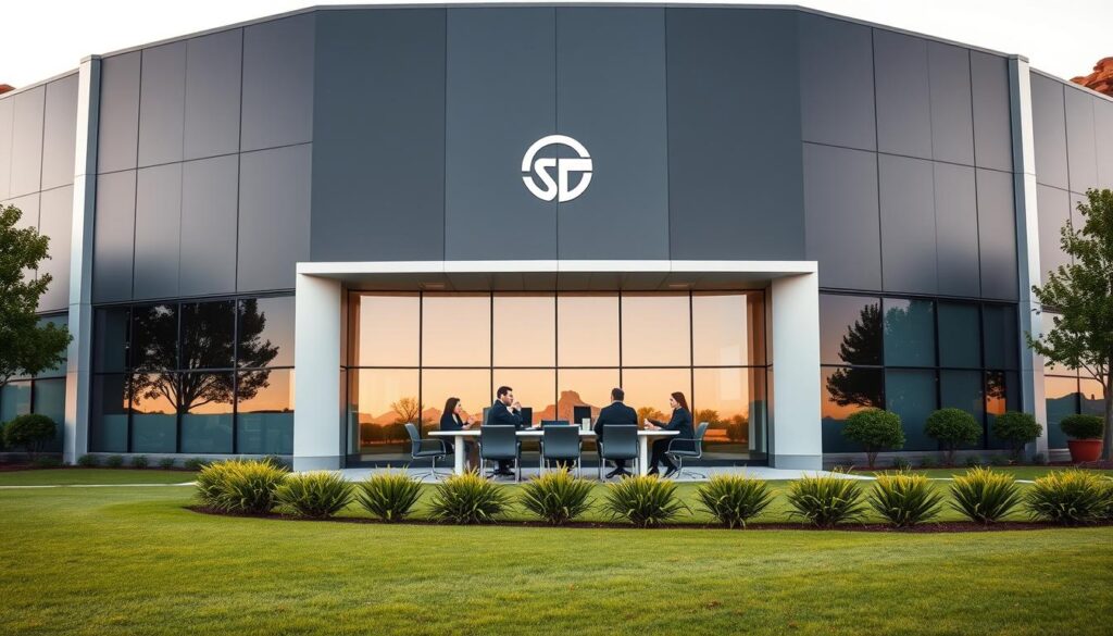 A modern, sleek office building with a bold, minimalist design. The front facade features large windows, clean lines, and a minimalist logo. In the foreground, a well-manicured lawn and neatly trimmed shrubs create a professional, inviting atmosphere. The middle ground showcases a team of SEO experts in business attire, collaborating at a long conference table. The background includes the iconic red rock formations of St. George, Utah, bathed in warm, golden afternoon light. The overall scene conveys a sense of authority, expertise, and the perfect blend of natural beauty and technological innovation.