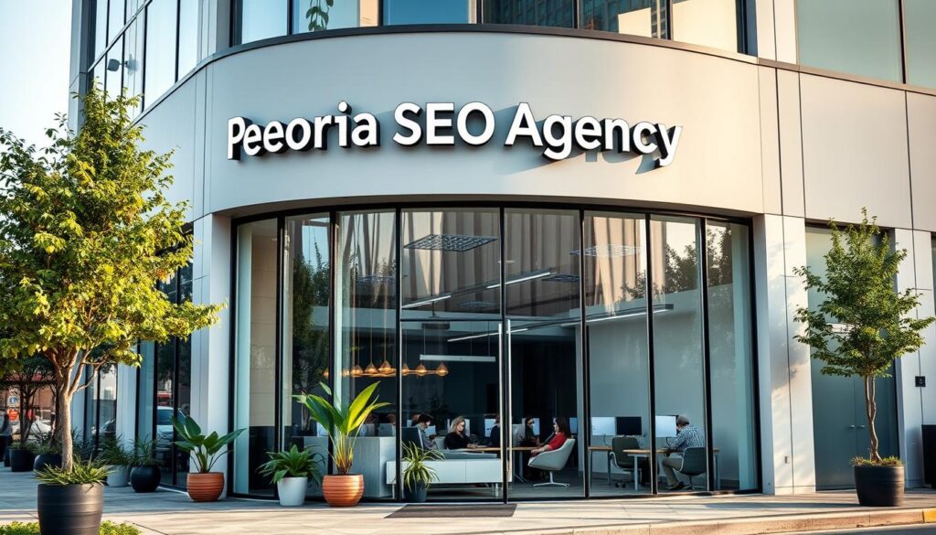 A modern, sleek office building with clean lines and large windows, nestled in a bustling urban environment of Peoria, Illinois. The building's facade is adorned with a prominent sign displaying the name "Peoria SEO Agency" in a stylish, minimalist font. The entrance is flanked by potted plants and a welcoming seating area. Inside, the workspace is filled with natural light, state-of-the-art technology, and a team of skilled digital marketing professionals collaborating on optimizing websites for search engines. The atmosphere conveys a sense of expertise, innovation, and a commitment to helping local businesses succeed in the digital landscape.