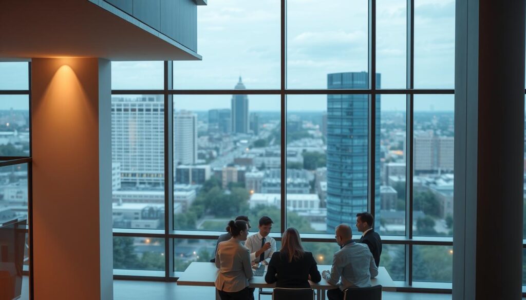 A modern, sleek office building with large windows and a clean, minimalist facade. In the foreground, a group of professionals in business attire gathered around a table, engaged in a focused discussion. Overhead, warm, directional lighting casts subtle shadows, creating a professional and productive atmosphere. In the background, the cityscape of Naperville, IL, is visible through the windows, hinting at the thriving business community. The scene conveys the expertise and capabilities of a leading SEO agency serving the Naperville area, ready to help businesses boost their online presence.