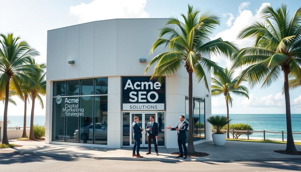 A modern, sleek office building with large windows and a minimalist facade, situated on a palm tree-lined street in Pompano Beach, Florida. In the foreground, a group of professionals in business attire are standing outside, gesturing and discussing digital marketing strategies. The middle ground features a sign for "Acme SEO Solutions" prominently displayed on the building's facade. The background showcases the vibrant, sun-drenched coastal city landscape, with the Atlantic Ocean visible in the distance. The scene conveys a sense of professionalism, expertise, and a thriving local SEO industry.