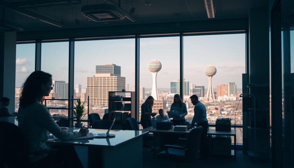 A modern, sleek office interior with large windows overlooking the cityscape of Knoxville, Tennessee. In the foreground, a businesswoman sits at a desk, consulting with a client about SEO strategies. Soft, directional lighting from the windows creates a warm, professional atmosphere. The middle ground features a team of digital marketers collaborating on a laptop, surrounded by shelves of reference materials. In the background, the iconic Sunsphere landmark can be seen through the windows, symbolizing the city's innovative spirit. The scene conveys a sense of expertise, collaboration, and the potential for businesses to elevate their online presence through Knoxville SEO services.