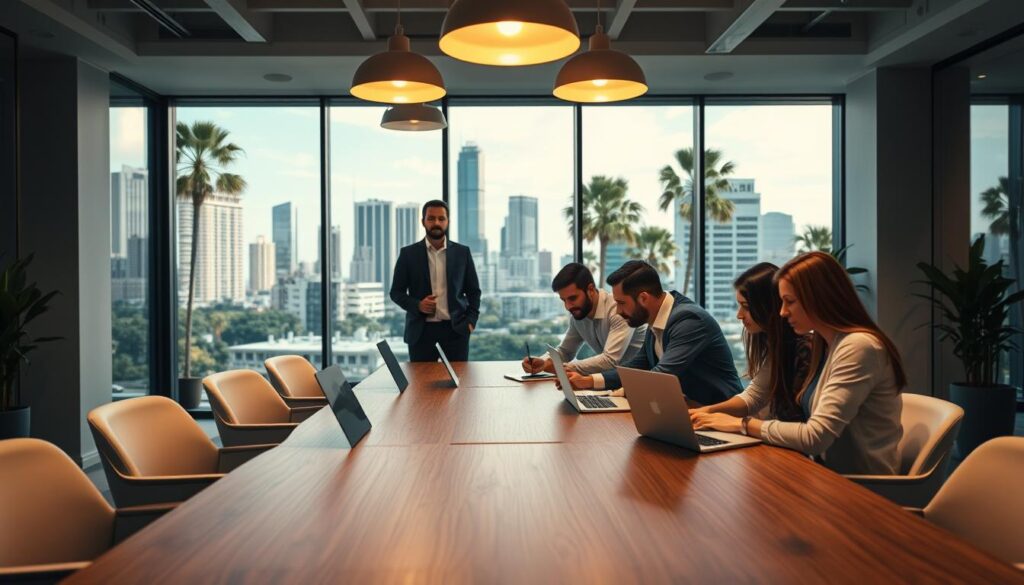 A modern, sleek office space showcasing the expertise of a top-tier SEO agency in McAllen, Texas. In the foreground, a group of professionals collaborate at a stylish wooden conference table, their laptops and notepads arranged neatly. Warm, diffused lighting from overhead fixtures creates a welcoming atmosphere. In the middle ground, the agency's branding is prominently displayed on the walls, featuring the company's logo and tagline. The background depicts the vibrant cityscape of McAllen, with towering skyscrapers and lush palm trees visible through large, floor-to-ceiling windows. The overall impression conveys the agency's commitment to delivering exceptional SEO services that drive tangible results for local McAllen businesses.