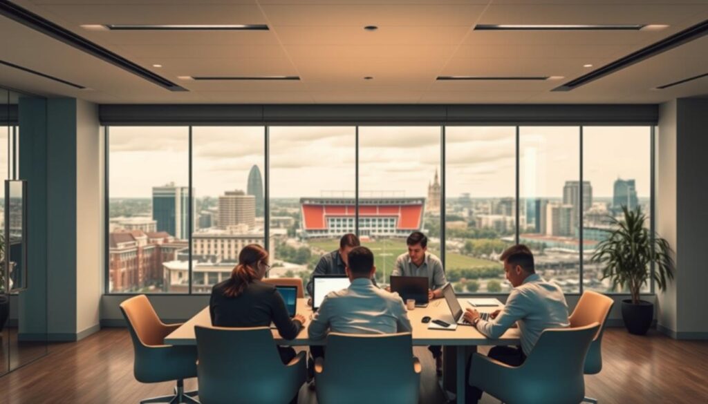 A modern, sleek office space with a panoramic view of the Tuscaloosa skyline. In the foreground, a team of SEO specialists gathered around a table, intently discussing strategies and analyzing data on their laptops. Subtle lighting casts a warm glow, creating a productive and collaborative atmosphere. In the middle ground, the office walls are adorned with framed certificates and accolades, showcasing the company's expertise and achievements. The background features the iconic landmarks of Tuscaloosa, including the historic Bryant-Denny Stadium, conveying a sense of local pride and community involvement. The overall scene exudes professionalism, innovation, and a dedication to delivering advanced SEO solutions tailored to the needs of Tuscaloosa businesses.