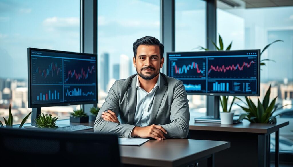 A modern, well-lit office interior with a professional-looking SEO consultant sitting at a desk, surrounded by digital analytics screens and strategically placed plants. The consultant has a focused, confident expression, symbolizing their expertise in delivering comprehensive SEO services to clients in McAllen, TX. The background features a city skyline visible through large windows, conveying a sense of the consultant's local knowledge and connection to the McAllen community. The overall mood is one of productivity, innovation, and a commitment to driving successful digital marketing outcomes.