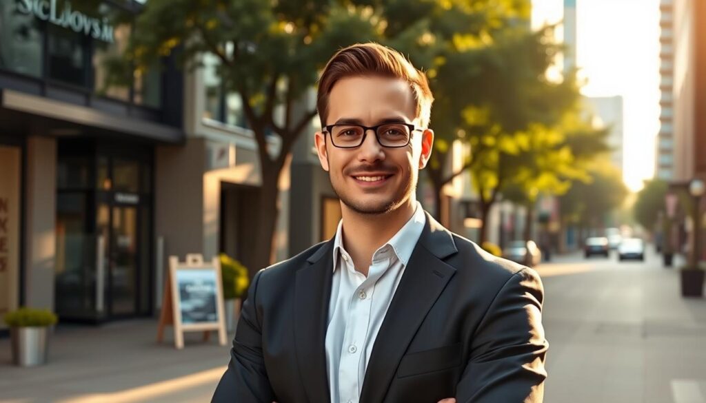 A neatly dressed SEO consultant stands confidently in the bustling streets of South Fulton, GA. The background features a blend of modern office buildings, local shops, and a hint of the lush greenery that characterizes the area. Warm afternoon sunlight filters through, casting a soft, professional glow. The consultant's expression exudes expertise and approachability, ready to guide local businesses through the intricacies of search engine optimization. The scene conveys the reliable, personalized SEO services available in this vibrant Georgia community.