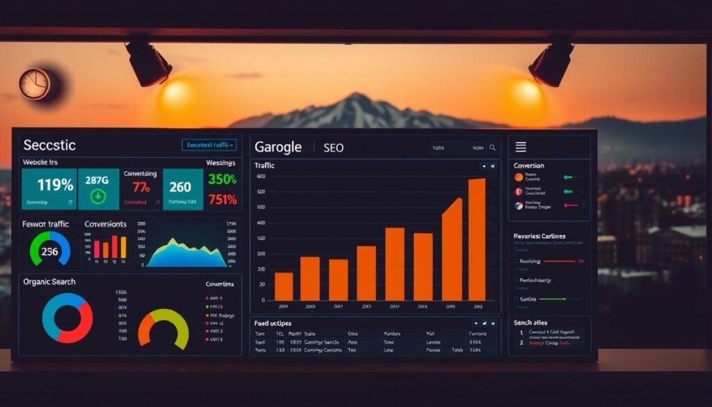 A neatly organized dashboard displaying key SEO success metrics, illuminated by warm task lighting. In the foreground, colorful data visualizations convey website traffic, keyword rankings, and conversion rates. The middle ground features a large bar graph showcasing organic search growth over time. In the background, a city skyline of Bend, Oregon provides a subtle contextual cue. The overall mood is one of analytical clarity and strategic focus, guiding the viewer through the essential elements of successful SEO performance.