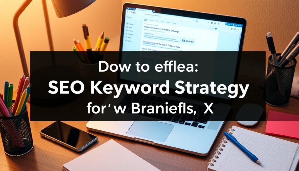 A neatly organized desktop with a laptop, smartphone, and notebook, surrounded by office supplies like pens, highlighters, and sticky notes. The laptop screen displays a search engine results page, highlighting relevant SEO keywords and strategies. Soft, warm lighting illuminates the scene, creating a focused and productive atmosphere. The image conveys the concept of developing an effective SEO keyword strategy for a local business in New Braunfels, TX.