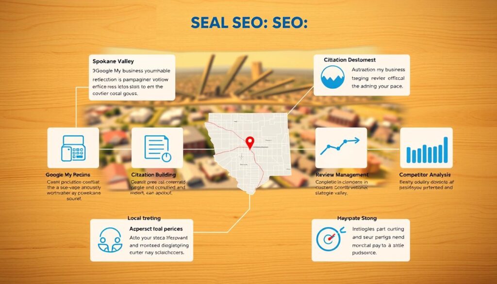A neatly organized infographic on a warm-toned wooden background, featuring a step-by-step guide to local SEO implementation in Spokane Valley, WA. In the foreground, crisp iconography and concise text illustrate key steps like Google My Business optimization, citation building, and review management. The middle ground showcases a large map of the Spokane Valley region, with data visualizations highlighting relevant local search trends and competitor analysis. In the background, a blurred cityscape of Spokane Valley frames the scene, conveying a sense of local context and applicability. Subtle, muted lighting creates a professional, informative atmosphere, guiding the viewer's attention to the essential local SEO implementation details.