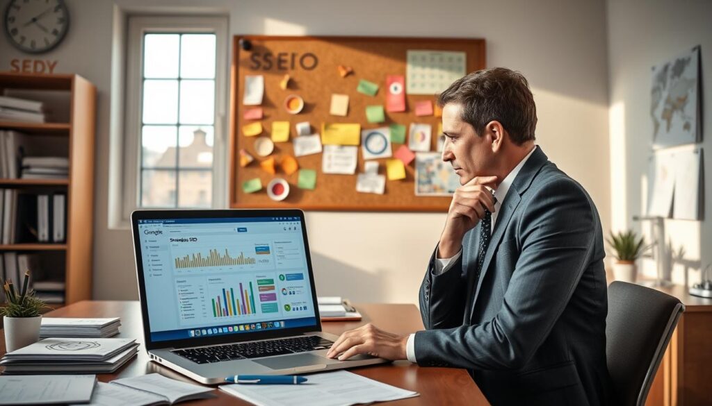 A neatly organized office space, bathed in warm, natural lighting from a large window. On the desk, a laptop displays a strategic SEO dashboard, surrounded by reference materials and a pen-and-paper notepad. In the middle ground, a person in business attire thoughtfully examines the screen, hand on chin. Behind them, a corkboard showcases colorful diagrams, charts, and post-it notes, illustrating the SEO strategy development process. The atmosphere is one of focused, intellectual engagement, reflecting the professional and methodical approach to optimizing a Warren-based business's online presence.