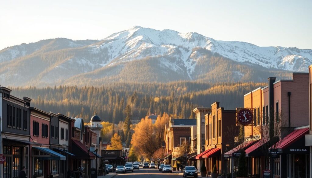 A picturesque cityscape of Bend, Oregon, showcasing the vibrant local business district. In the foreground, a quaint main street lined with charming storefronts, cafes, and boutiques, bathed in warm, golden hour sunlight. In the middle ground, the majestic Cascade mountain range rises up, its snow-capped peaks framing the scene. The background is filled with lush, verdant forests, hinting at the region's natural beauty. The overall atmosphere is one of small-town charm, community, and a thriving local economy, perfectly capturing the essence of Bend's strong SEO landscape.