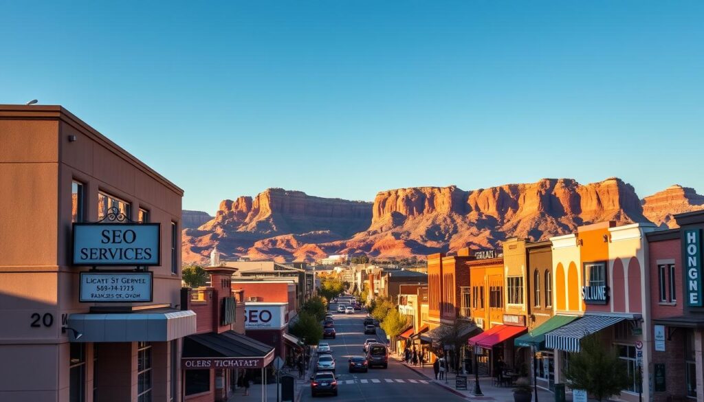 A picturesque cityscape of St. George, Utah, showcasing the vibrant local business district. In the foreground, a stylish office building with signage for a reputable SEO services provider. The building is bathed in warm, golden afternoon light, conveying a sense of professionalism and expertise. In the middle ground, bustling streets lined with local shops, restaurants, and other businesses, all thriving thanks to the effective SEO strategies implemented. The background features the majestic red rock formations and clear blue skies that define the unique natural beauty of the St. George region. The overall scene demonstrates the value of strategic SEO services in helping local businesses succeed and thrive within their community.