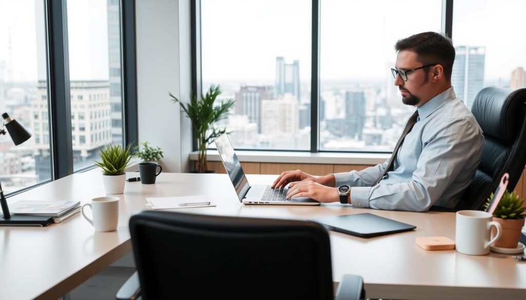 A professional Alexandria, VA SEO expert sitting at a desk, working intently on a laptop. The desk is neat and organized, with a potted plant, coffee mug, and other office accessories. The expert wears a button-down shirt and tie, exuding an air of competence and focus. The office space is well-lit, with large windows overlooking the city skyline in the background. The overall mood is one of quiet determination and expertise, conveying the idea of a seasoned professional dedicated to driving SEO success.