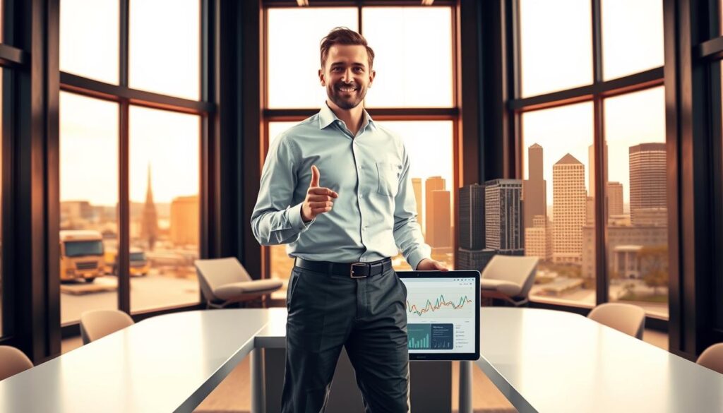 A professional Evansville SEO expert standing confidently in a modern office, surrounded by a sleek, tech-inspired environment. Warm, directional lighting from large windows creates a sense of focus and clarity. The expert, dressed in a crisp button-down shirt and slacks, gestures towards a laptop displaying data-driven analytics. In the background, a stylized cityscape of Evansville's skyline, conveying the expertise and local knowledge required to navigate the digital landscape for businesses in the area.