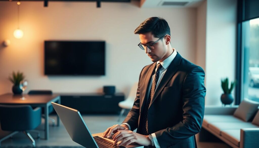A professional Pasadena SEO specialist standing confidently in a modern office, dressed in a well-tailored suit and tie. The lighting is warm and natural, casting a soft glow on their face as they gaze intently at a laptop, deep in thought. The background features sleek, minimalist furniture and decor, creating a sophisticated and productive atmosphere. The scene conveys expertise, dedication, and a commitment to driving results for local businesses through data-driven digital marketing strategies.