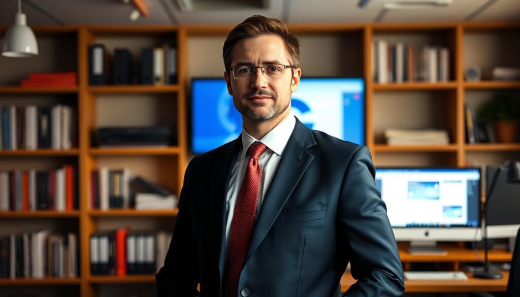 A professional SEO consultant dressed in a crisp suit and tie, standing confidently in a modern office setting against a backdrop of bookshelves and computer screens. The lighting is warm and directional, casting subtle shadows that accentuate the consultant's features. The angle is slightly elevated, giving a sense of authority and expertise. The overall mood is one of competence, reliability, and a dedication to helping businesses in Abilene, TX optimize their online presence.