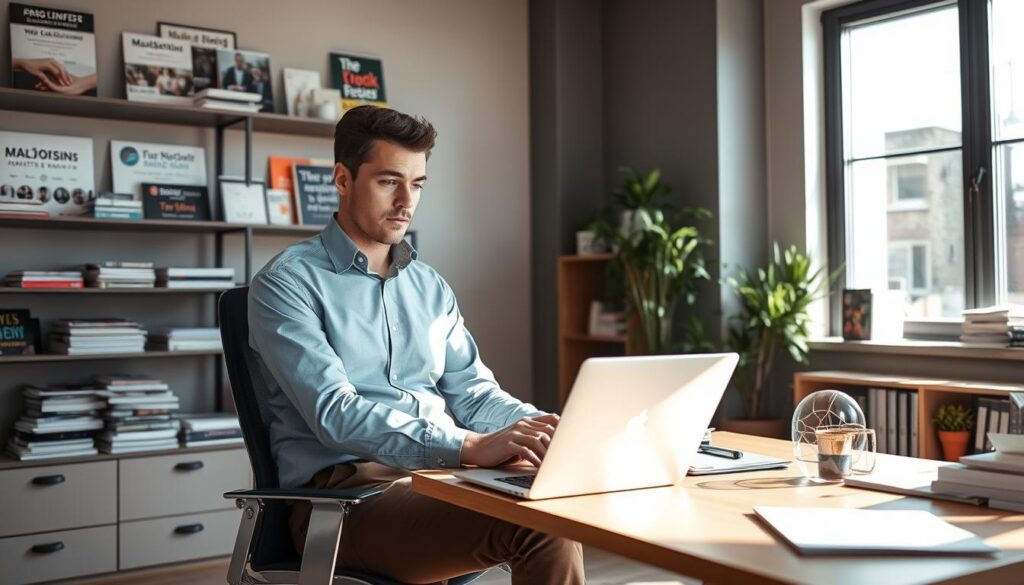 A professional SEO consultant in Springfield, MO, sitting at a desk in a modern, well-lit office. The consultant, dressed in a crisp, button-down shirt and slacks, is intently focused on a laptop, with a strategic mindset reflected in their expression. Surrounding the desk are shelves of marketing materials, books, and SEO-related tools, conveying the consultant's expertise. The room features large windows, allowing natural light to flood the space and create a sense of productivity and growth. The overall atmosphere is one of a thriving, forward-thinking business poised to help local enterprises excel through effective search engine optimization strategies.