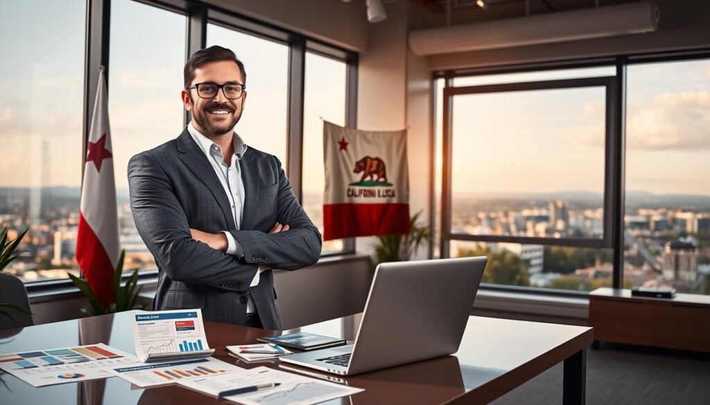 A professional SEO consultant stands confidently in a modern office, laptop open and surrounded by stylized website mockups, digital analytics charts, and SEO optimization tools. Warm lighting from a large window creates a focused, productive atmosphere. The consultant's expression conveys expertise and determination to deliver impactful SEO services. In the background, the iconic California state flag and a panoramic view of the Modesto cityscape hint at the local focus of the consulting work. The scene visually communicates the benefits of enlisting an experienced SEO professional to optimize a website for greater online visibility and performance in the Modesto market.
