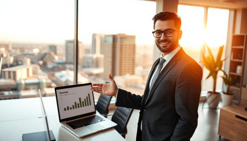 A professional SEO consultant stands confidently in a modern office, showcasing a laptop displaying data analytics. The foreground features the consultant, dressed in a well-tailored suit, gesturing towards the screen with a focused expression. The middle ground includes a stylish desk, ergonomic chair, and minimalist decor, conveying a sense of expertise and efficiency. The background presents a large window overlooking the vibrant cityscape of Shreveport, Louisiana, bathed in warm, golden afternoon light, creating an aura of success and growth. The overall scene exudes a mood of professionalism, competence, and the ability to drive online business expansion.