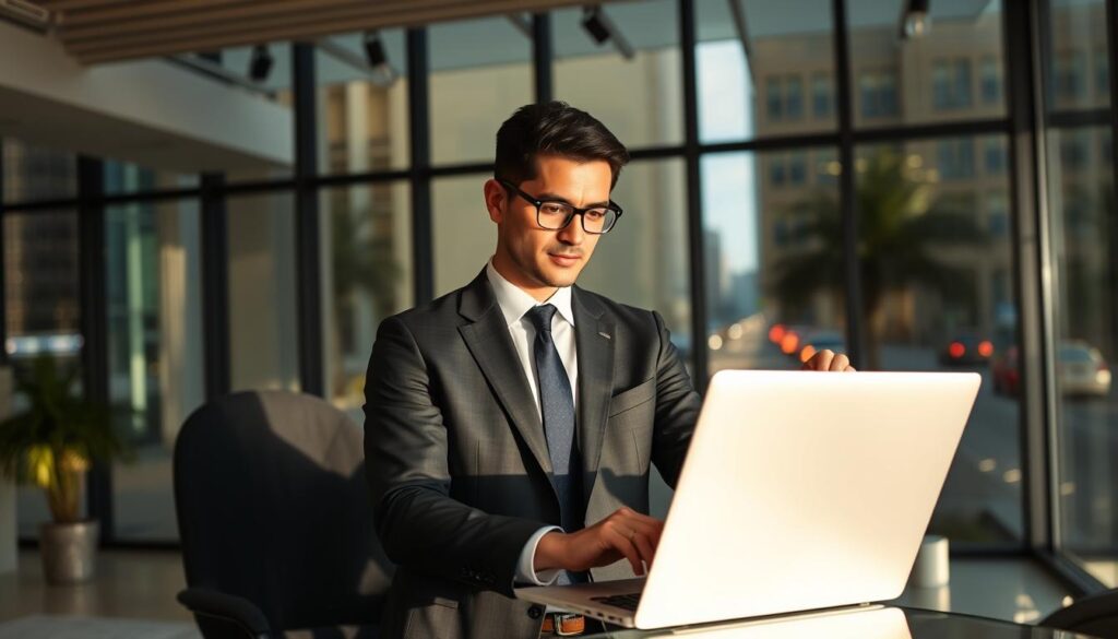 A professional SEO consultant stands confidently in a modern office, wearing a sharp suit and tie. The lighting is warm and natural, casting a soft glow on their face as they gaze intently at a laptop screen, analyzing website data and formulating strategies to drive organic traffic and revenue growth. In the background, a sleek, minimalist workspace with stylish furniture and large windows overlooking the bustling streets of Hollywood, FL. The overall mood is one of expertise, focus, and a commitment to delivering exceptional results for clients.