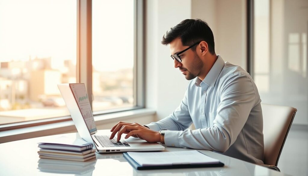 A professional SEO consultant working diligently at a sleek, minimalist desk in a bright, airy office. Their laptop screen displays analytics data, surrounded by carefully organized notes and research materials. Warm, natural lighting filters in through large windows, casting a soft glow on the scene. The consultant's expression is one of deep concentration, underscoring their expertise and dedication to optimizing Pomona businesses' online presence. The background features subtle, blurred cityscape elements, hinting at the consultant's connection to the local community. The overall mood is one of competence, productivity, and a commitment to driving digital success for Pomona enterprises.