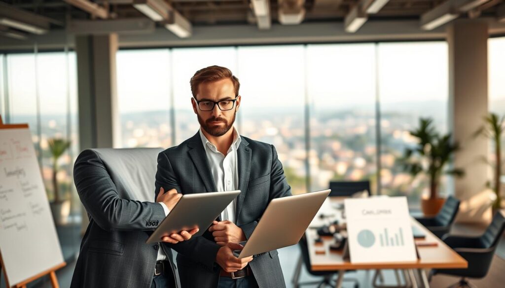 A professional SEO expert in Murrieta, California, standing confidently in a modern office setting. The foreground features the SEO specialist, dressed in a crisp suit, examining website analytics on a sleek laptop. The middle ground showcases an array of digital marketing tools and strategically placed whiteboards, conveying a sense of expertise and attention to detail. The background gently blurs, revealing a panoramic view of the Murrieta cityscape, hinting at the local focus of the SEO services. Warm, directional lighting casts a subtle glow, creating a professional and approachable atmosphere. The overall composition suggests a capable, knowledgeable SEO partner who can navigate the unique digital landscape of Murrieta.