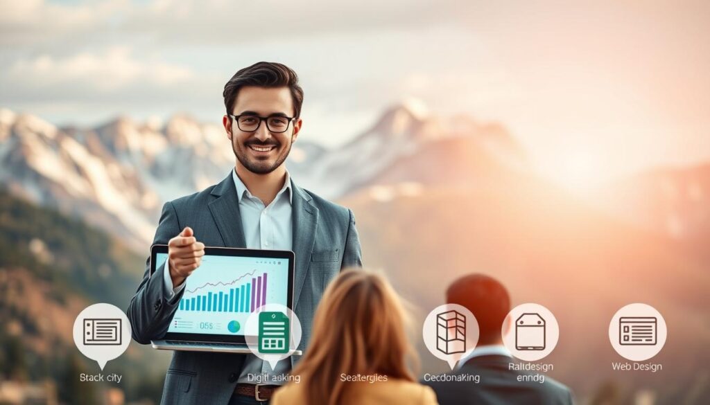 A professional SEO expert in Salt Lake City, Utah, stands confidently against the backdrop of the majestic Wasatch Mountain range. Dressed in a crisp suit, they gesture towards a laptop displaying analytics and search engine rankings. Soft, directional lighting illuminates their face, conveying expertise and authority. In the middle ground, a team of collaborators discuss strategies, surrounded by stylized icons representing search engine optimization, web design, and digital marketing. The scene is captured with a shallow depth of field, emphasizing the subject while hinting at the broader team and services offered by the agency. An atmosphere of professionalism, innovation, and Utah's natural splendor permeates the image.