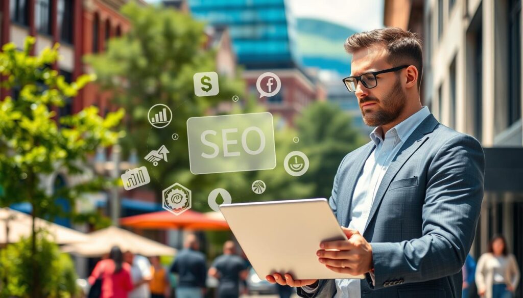 A professional SEO expert stands confidently in a bustling downtown Springfield, MO setting. Crisp, natural lighting illuminates their thoughtful expression as they review digital analytics on a sleek laptop. In the middle ground, stylized icons and infographics float, visualizing the intricacies of local search optimization. The background features the iconic architecture of historic downtown Springfield, with lush greenery and a hint of the Ozark hills in the distance. An atmosphere of expertise, innovation, and community investment pervades the scene, reflecting the power of effective SEO to drive business growth in this vibrant Midwest city.