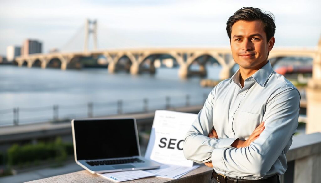 A professional SEO specialist from Hampton, VA, standing confidently against a backdrop of the city's iconic waterfront. Dressed in a crisp, button-down shirt and slacks, they exude an air of expertise and professionalism. The lighting is soft and directional, casting subtle shadows that accentuate their features. The camera angle is slightly elevated, creating a sense of authority and command. In the middle ground, a laptop and various SEO-related documents suggest the depth of their knowledge and the scope of their services. The background showcases the Hampton Roads Bridge-Tunnel, a recognizable landmark that roots the scene firmly in the local Hampton, VA, context.