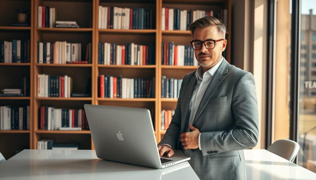 A professional SEO specialist in Knoxville, TN stands confidently in their office, laptop open on a sleek, minimalist desk. Warm, natural lighting from a large window illuminates their focused expression as they analyze website analytics on the screen. The background features bookshelves filled with marketing and digital strategy titles, conveying their expertise. The scene exudes a sense of productivity, problem-solving, and a keen understanding of how to optimize online visibility for local businesses. The overall mood is one of expertise, dedication, and a commitment to driving results through data-driven SEO practices.