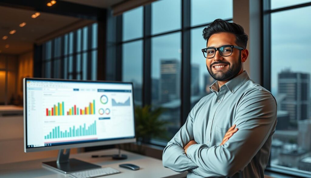 A professional South Fulton SEO expert standing confidently in their office, surrounded by a sleek, minimalist workspace. Warm, directional lighting illuminates their face, highlighting their focused expression as they analyze website analytics on a large, high-resolution monitor. In the background, a city skyline can be seen through floor-to-ceiling windows, conveying a sense of urban dynamism and growth. The overall mood is one of expertise, efficiency, and a drive to deliver measurable results for clients.