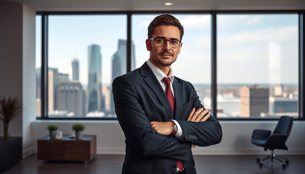 A professional, confident-looking SEO consultant standing in a modern, minimalist office in Des Moines, IA. The consultant is dressed in a sharp suit, arms crossed, with a focused, determined expression. The office has large windows, allowing natural light to flood the space. The background features the iconic skyline of Des Moines, showcasing the city's vibrant and thriving business district. The scene conveys a sense of expertise, competence, and the consultant's ability to deliver exceptional SEO services to local businesses.