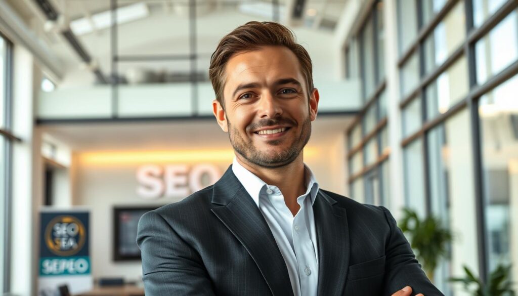 A professional, experienced SEO expert standing confidently in a modern office setting in Fontana, California. The subject's face is clearly visible, with a friendly and knowledgeable expression. They are dressed in a well-tailored suit, exuding an air of authority and expertise. The background features floor-to-ceiling windows, allowing natural light to flood the space and create a warm, inviting atmosphere. Subtle branding elements, such as a company logo or signage, are visible, reinforcing the subject's association with a reputable SEO agency. The overall scene conveys a sense of professionalism, competence, and the ability to deliver successful SEO results.