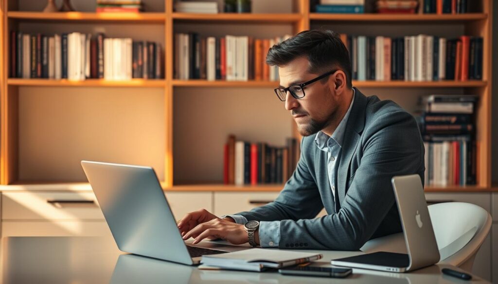 A professional, focused Las Cruces SEO consultant seated at a modern, minimalist desk, intently analyzing data on a high-resolution display. Warm, natural lighting illuminates the scene, casting soft shadows and highlighting the consultant's thoughtful expression. The background features a bookshelf filled with relevant marketing and digital strategy titles, conveying expertise and credibility. The overall atmosphere is one of quiet dedication and problem-solving, befitting an experienced SEO professional providing tailored, effective services to local businesses.
