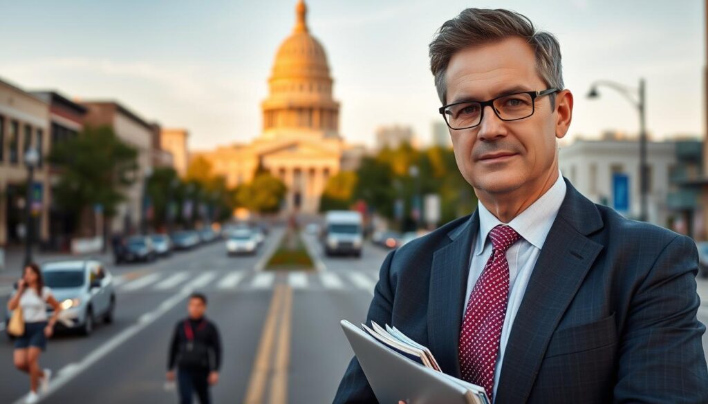 A professional, middle-aged SEO expert standing confidently in the foreground, dressed in a crisp suit and tie, with a laptop and digital marketing materials in hand. In the middle ground, a busy downtown street scene of Springfield, IL, with iconic state capitol building in the background, bathed in warm, golden afternoon light. The expert's gaze is focused and determined, reflecting their expertise in driving impactful SEO strategies for local businesses.