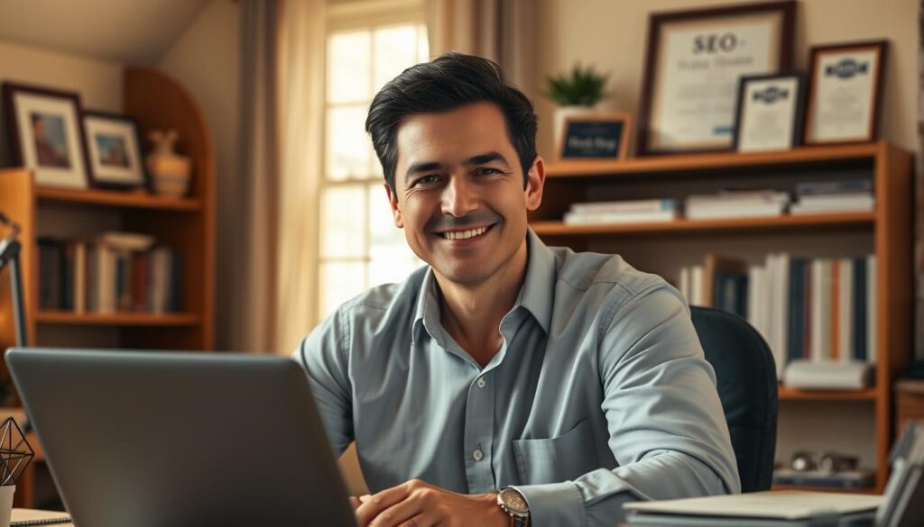 A professional, middle-aged man with neatly-combed dark hair and a friendly, welcoming expression sits at a desk in a cozy, well-lit home office. He wears a crisp, button-down shirt and has a laptop and various office supplies arranged neatly around him. The background features bookshelves and framed certificates or awards, conveying his expertise as an SEO consultant. Warm, natural lighting from a window illuminates the scene, creating a pleasant, productive atmosphere.