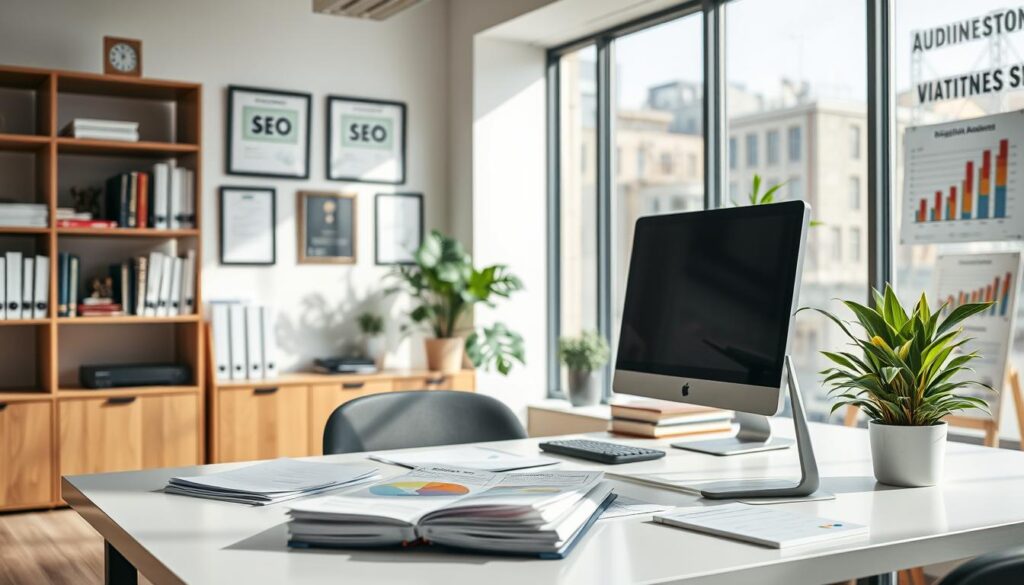 A professional, modern office interior with desk, computer, and SEO-related documents and materials. The scene is well-lit with natural light streaming through large windows, creating a bright and airy atmosphere. The desk is neatly organized, with a laptop, a stack of reports, and a potted plant. In the background, a bookshelf showcases industry-relevant books and awards. The walls are adorned with framed certificates and digital marketing analytics charts, conveying expertise and credibility. The overall mood is one of efficiency, productivity, and a commitment to delivering high-quality SEO services.