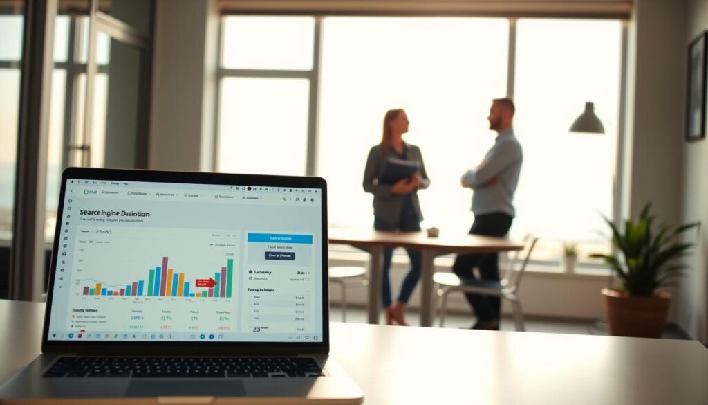 A professional, sleek office setting with a large window overlooking the Oceanside coastline. In the foreground, a laptop displays a search engine optimization dashboard, with charts and graphs highlighting key metrics. In the middle ground, a team of three digital marketing experts are gathered around a conference table, deep in discussion. The lighting is soft and natural, filtering in through the window. The overall atmosphere conveys a sense of expertise, efficiency, and a commitment to driving online success for local Oceanside businesses.