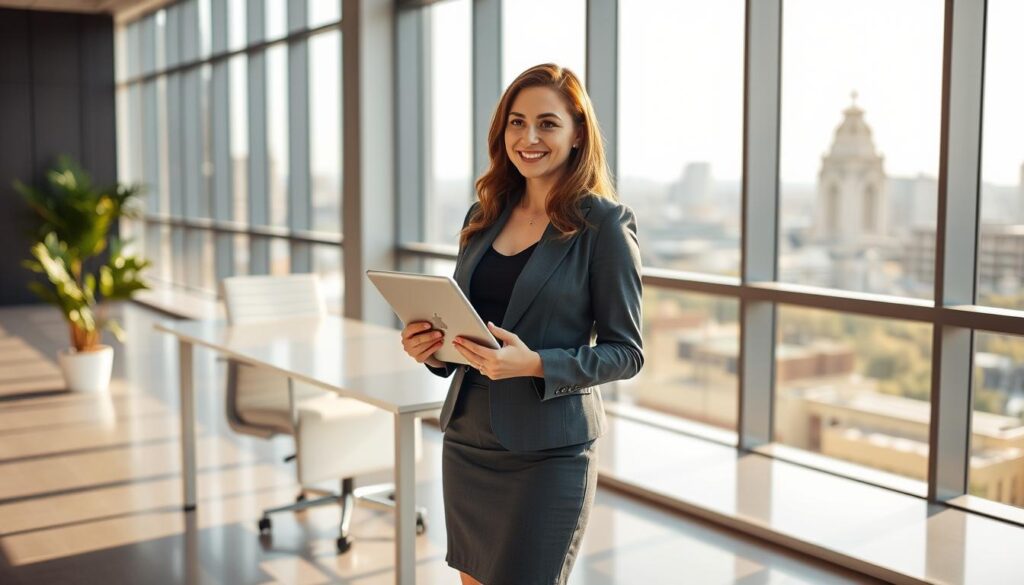 A professional, well-dressed SEO consultant named Savannah, standing confidently in a modern office setting. The foreground focuses on Savannah, wearing a tailored blazer and skirt, holding a tablet device and gesturing animatedly as she discusses key performance indicators. The middle ground features a sleek, minimalist desk and chair, while the background showcases floor-to-ceiling windows overlooking the Savannah, GA skyline, bathed in warm, natural lighting. The overall mood conveys an air of expertise, productivity, and a dedication to data-driven digital marketing strategies.