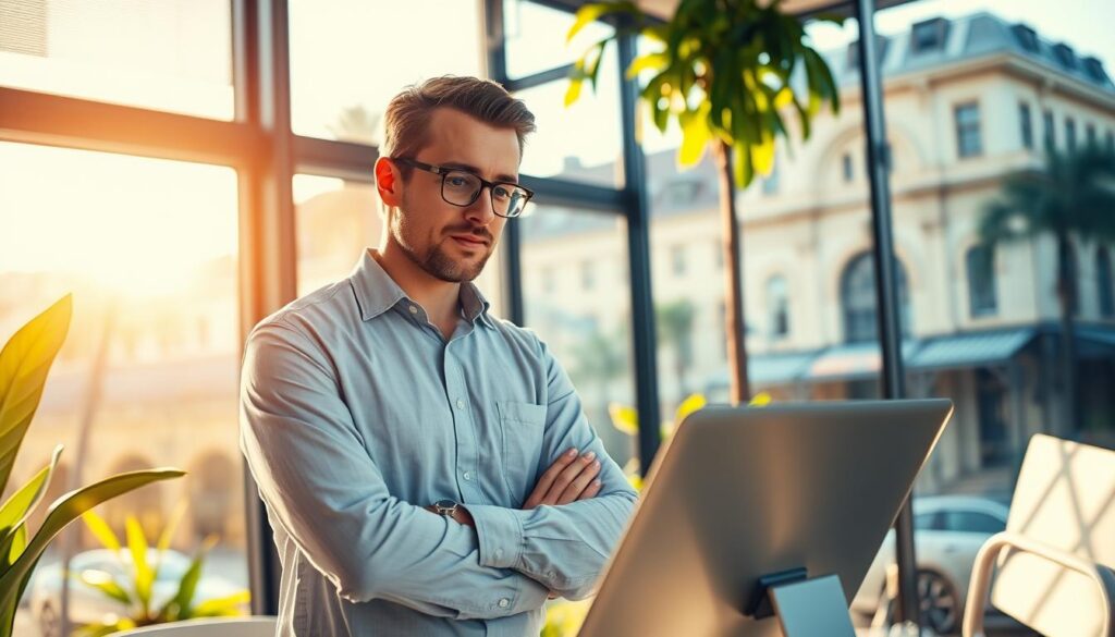 A seasoned Pasadena SEO specialist stands confidently in a modern office, surrounded by sleek technology and vibrant greenery. The warm, natural lighting filters through large windows, casting a soft glow on their focused expression as they review analytics on a high-resolution display. In the background, the iconic architecture of Pasadena's historic Old Town district provides a sophisticated urban backdrop, hinting at the specialist's deep understanding of the local business landscape. The overall scene conveys a sense of expertise, professionalism, and a commitment to driving digital success for clients in the Pasadena area.