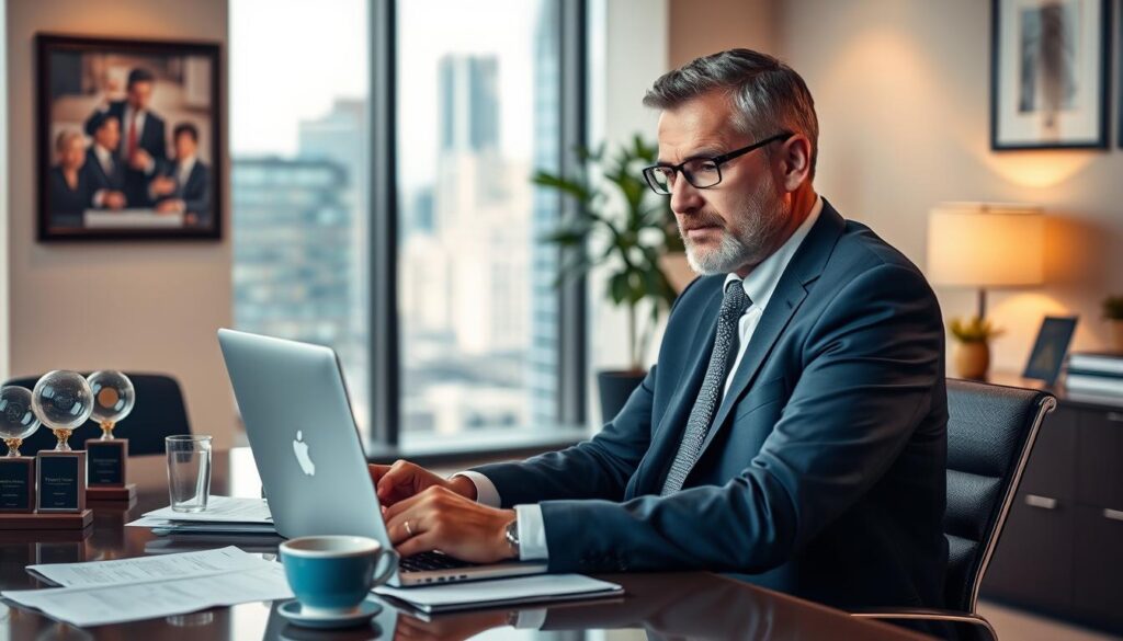 A seasoned SEO consultant sitting at a desk in a modern office in Cary, North Carolina. The consultant, dressed in a crisp suit, is intently focused on a laptop, surrounded by notes, coffee, and a subtle display of industry awards. Warm, directional lighting casts a professional glow, while the background features a clean, minimalist decor with a large window overlooking the bustling city. An atmosphere of expertise, dedication, and a commitment to client success pervades the scene.