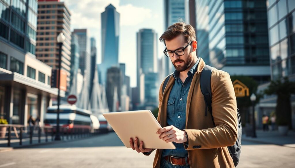 A seasoned SEO consultant strolling through the vibrant streets of Vancouver, WA, exuding confidence and expertise. In the foreground, they are deeply engaged with a laptop, analyzing website analytics and strategizing ways to boost online visibility for local businesses. The middle ground features the iconic landmarks of the city, such as the historic waterfront and towering skyscrapers, creating a dynamic urban backdrop. The lighting is soft and natural, casting a warm glow over the scene, conveying a sense of professionalism and success. The overall mood is one of focused determination and the promise of driving impactful results for clients.